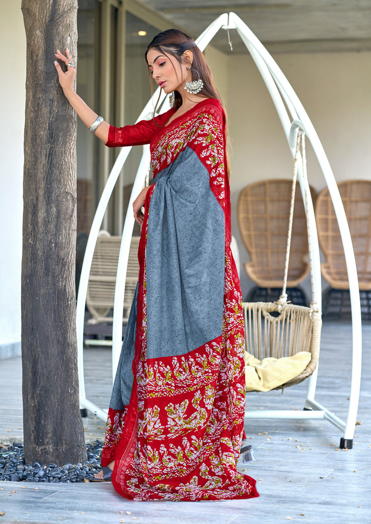 HAND BATIK PRINT MULMUL COTTON GREY SAREE