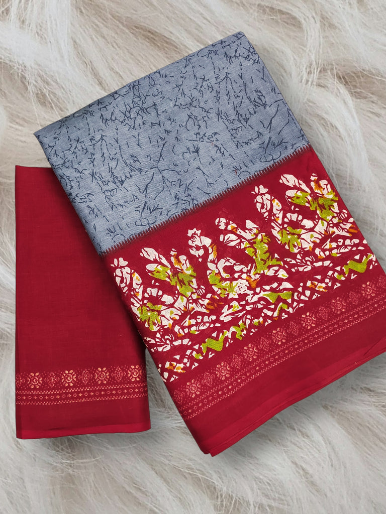HAND BATIK PRINT MULMUL COTTON GREY SAREE