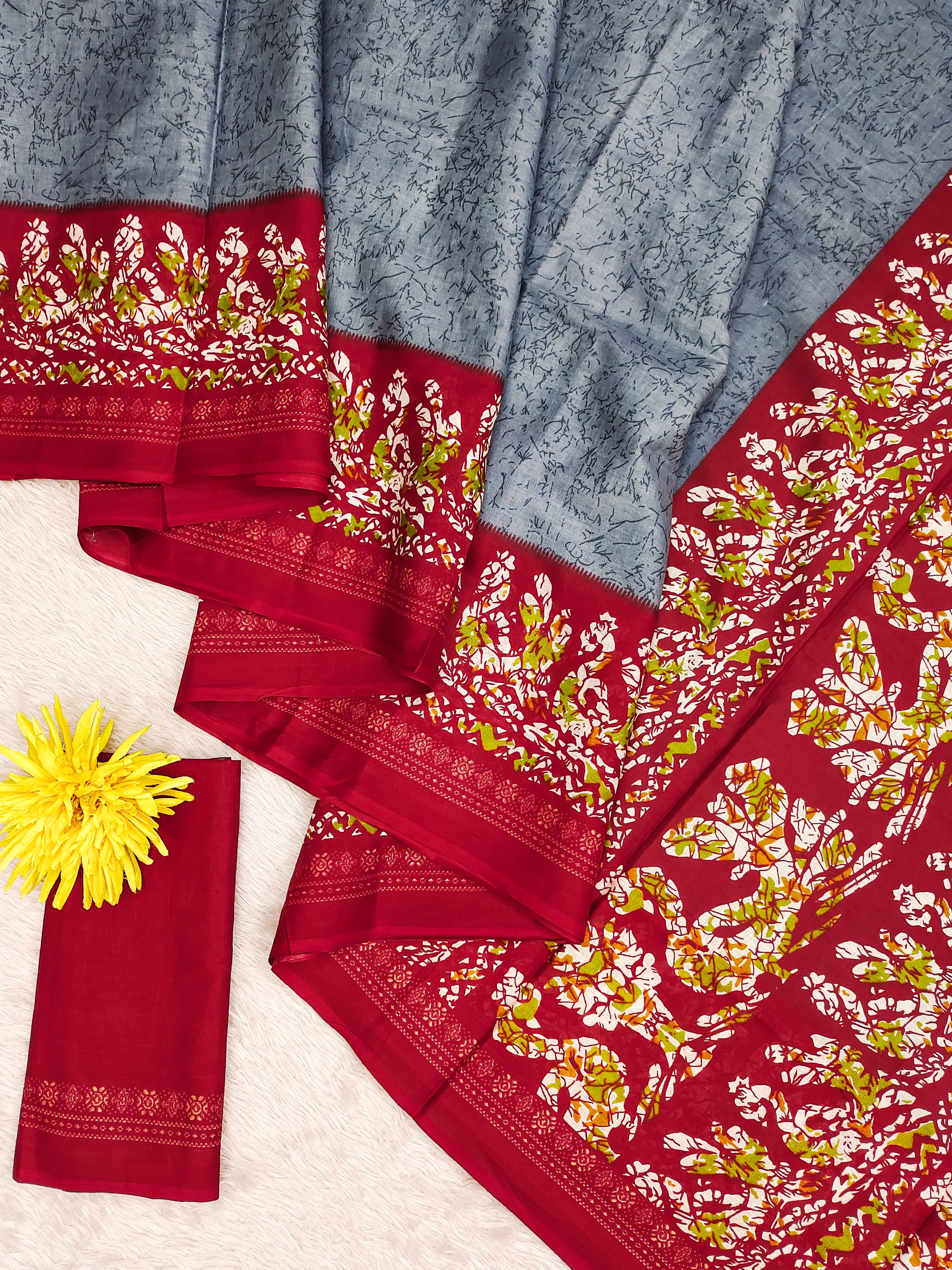 HAND BATIK PRINT MULMUL COTTON GREY SAREE