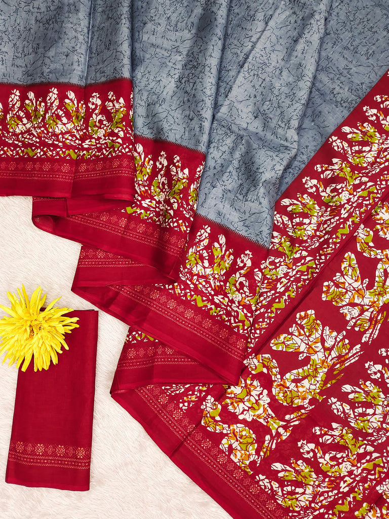 HAND BATIK PRINT MULMUL COTTON GREY SAREE