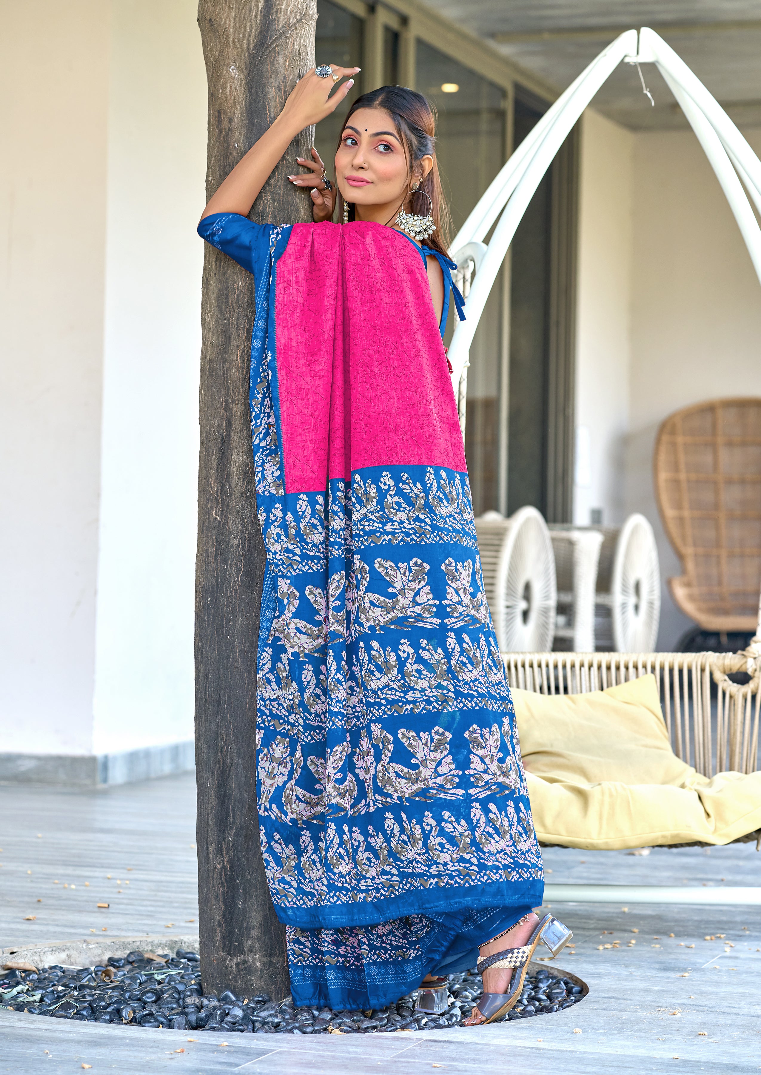 HAND BATIK PRINT MULMUL COTTON PINK SAREE