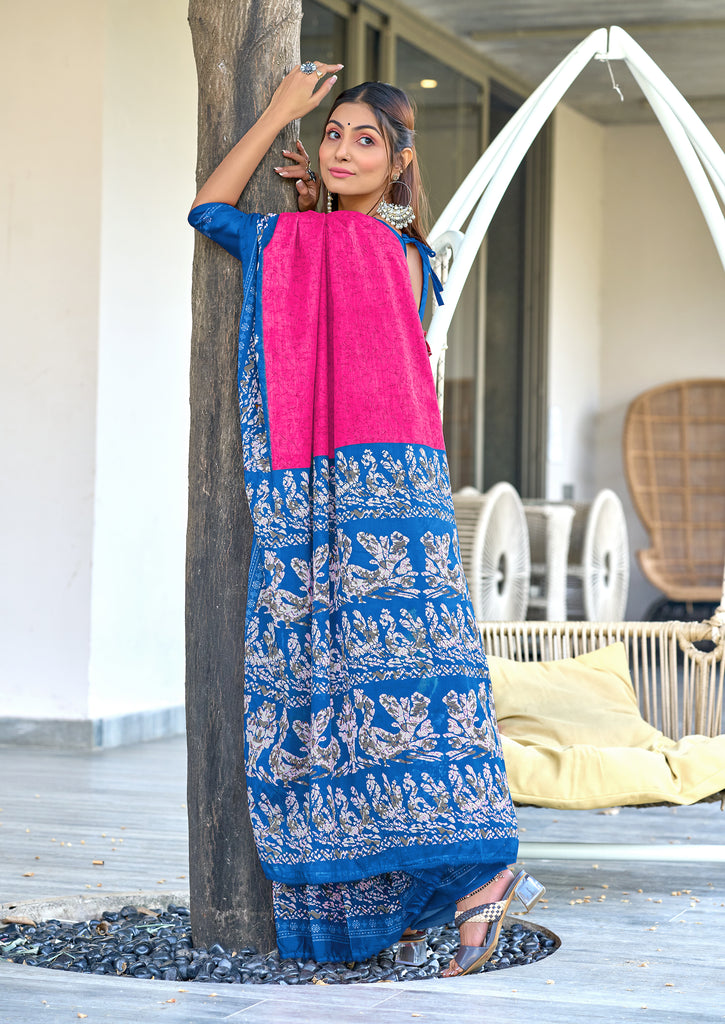 HAND BATIK PRINT MULMUL COTTON PINK SAREE