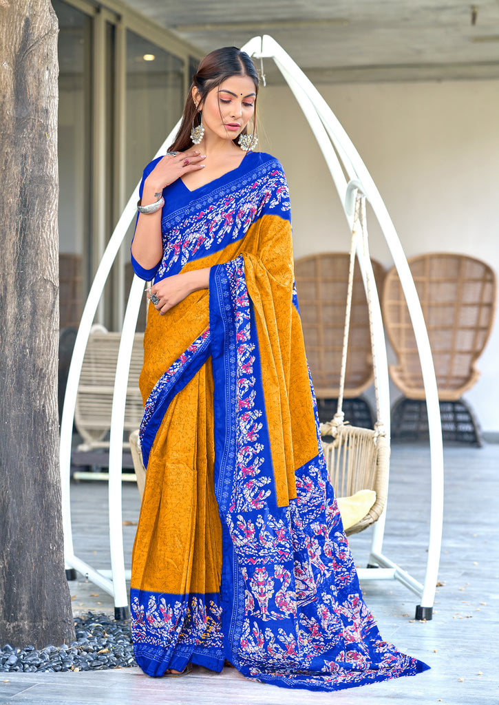HAND BATIK PRINT MULMUL COTTON YELLOW SAREE