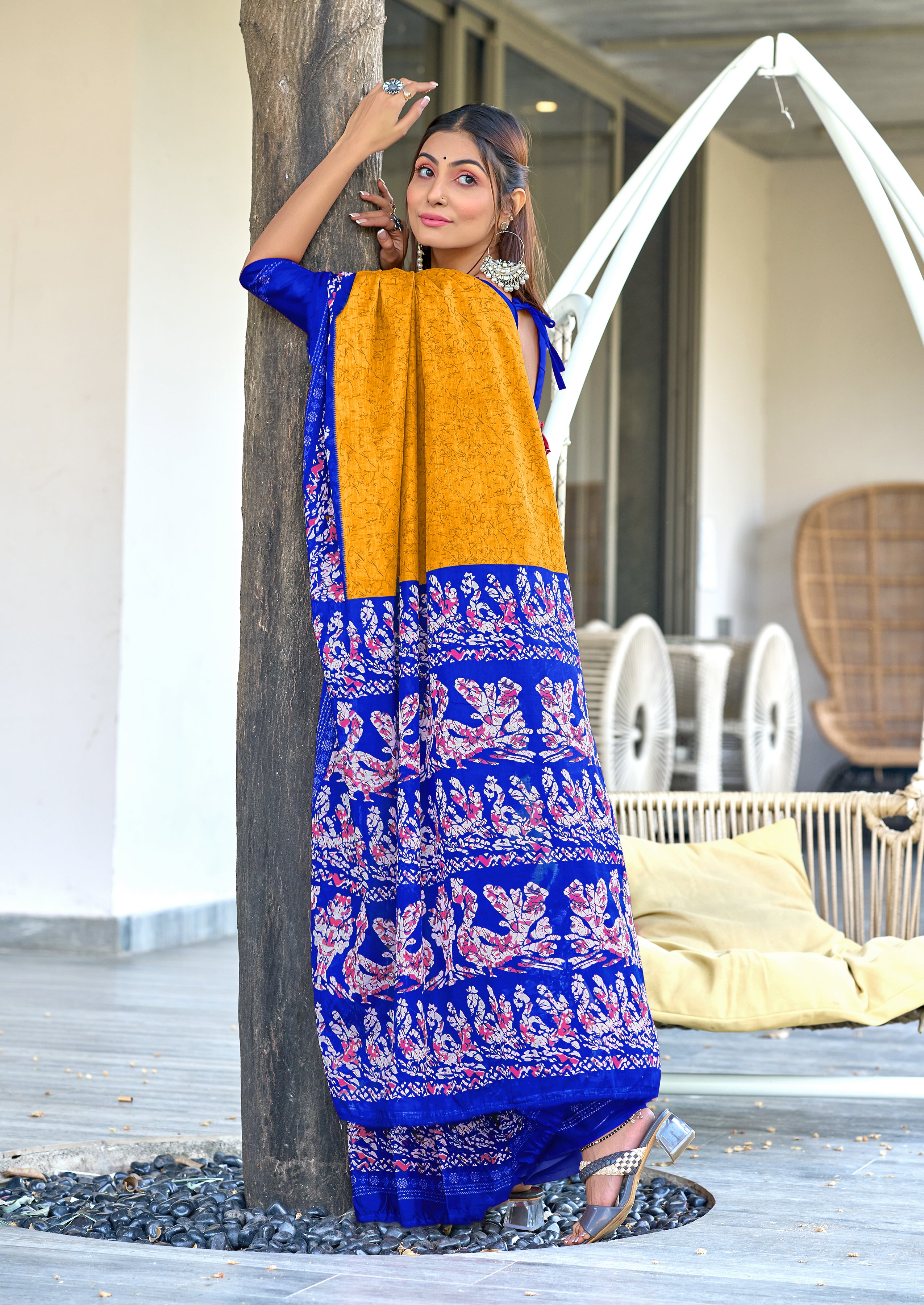 HAND BATIK PRINT MULMUL COTTON YELLOW SAREE
