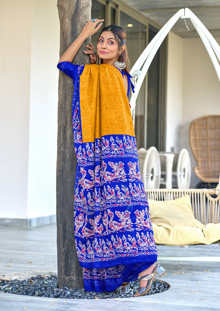 HAND BATIK PRINT MULMUL COTTON YELLOW SAREE