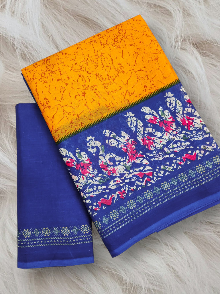 HAND BATIK PRINT MULMUL COTTON YELLOW SAREE