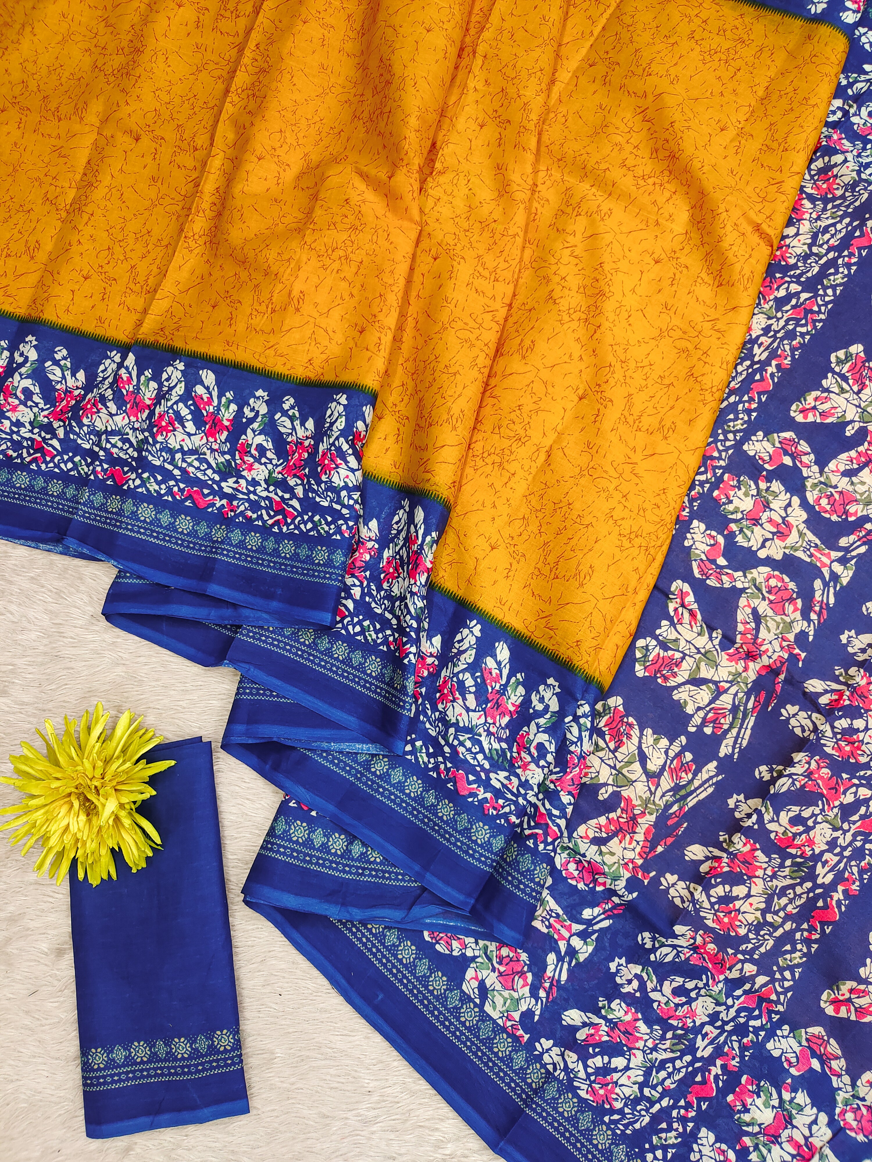 HAND BATIK PRINT MULMUL COTTON YELLOW SAREE