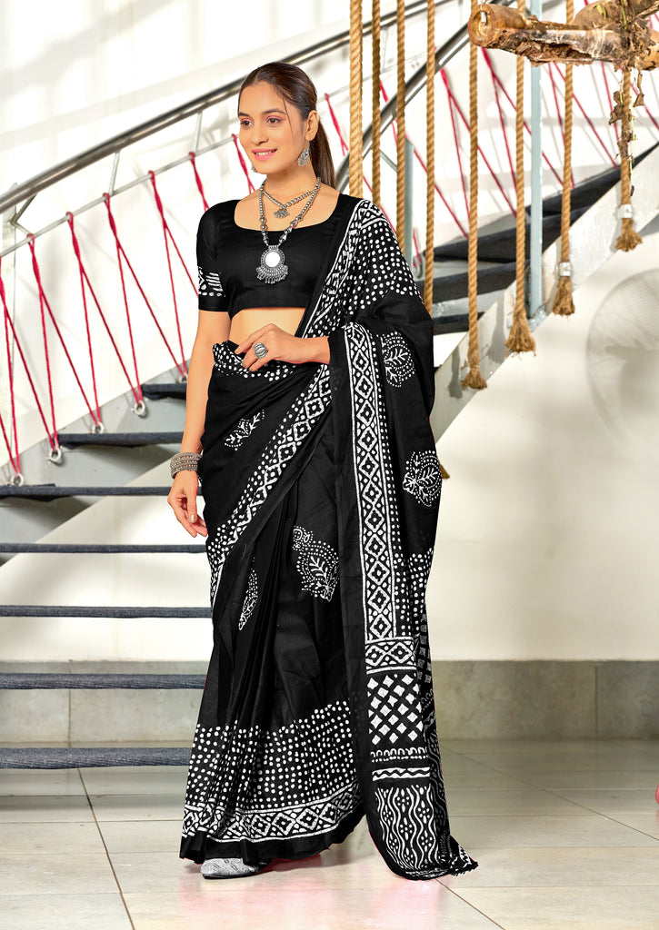 BATIK SESSION MULMUL COTTON HAND BATIK BLOCK PRINT BLACK SAREE