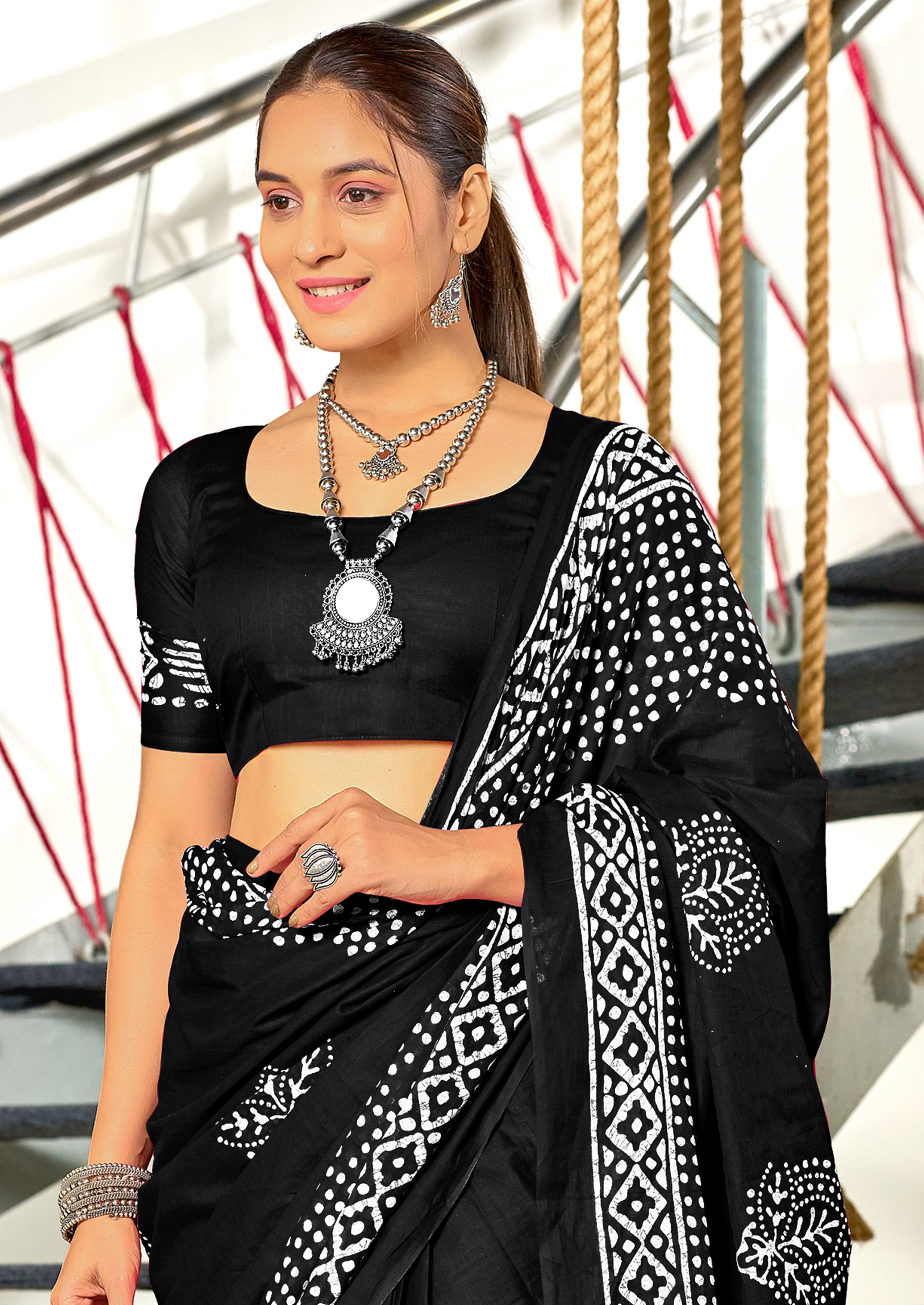 BATIK SESSION MULMUL COTTON HAND BATIK BLOCK PRINT BLACK SAREE