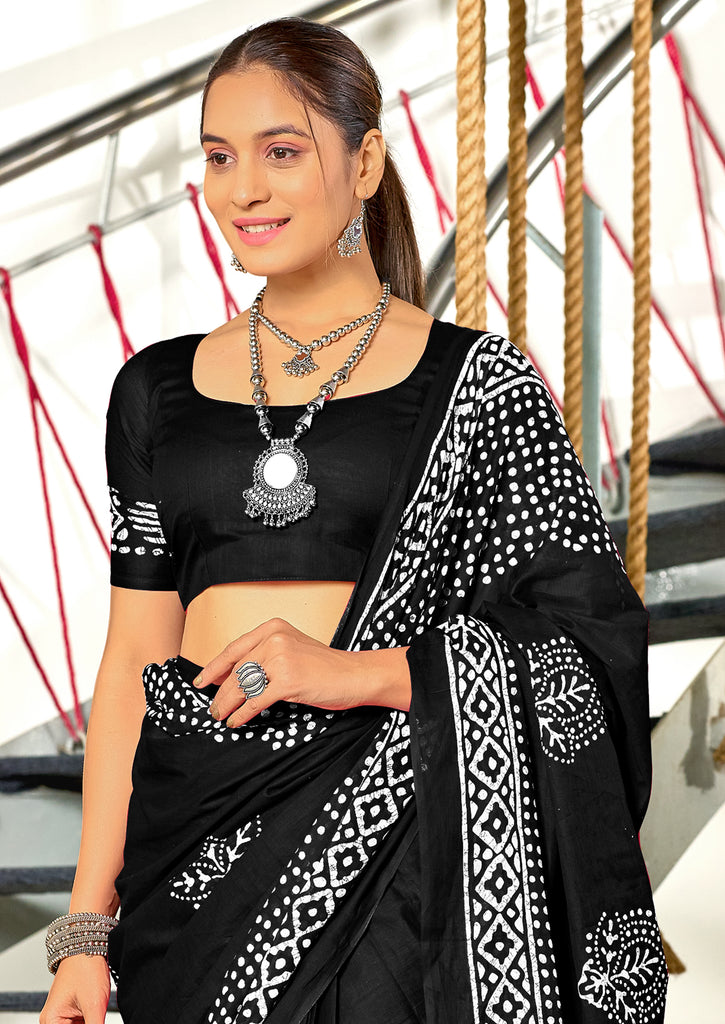 BATIK SESSION MULMUL COTTON HAND BATIK BLOCK PRINT BLACK SAREE