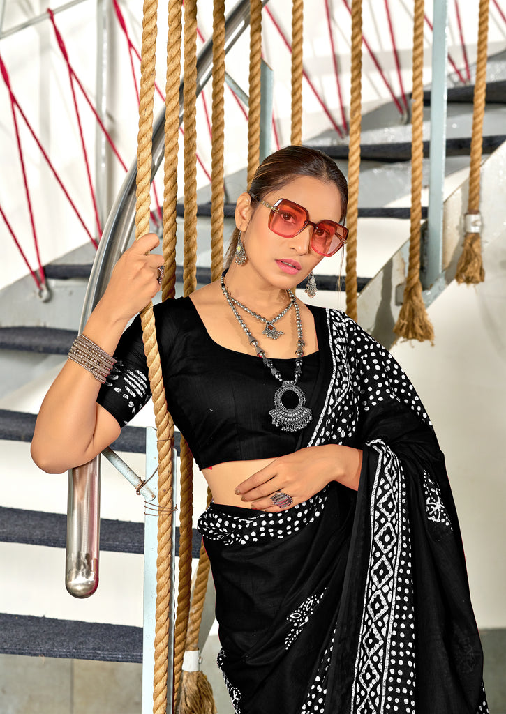 BATIK SESSION MULMUL COTTON HAND BATIK BLOCK PRINT BLACK SAREE