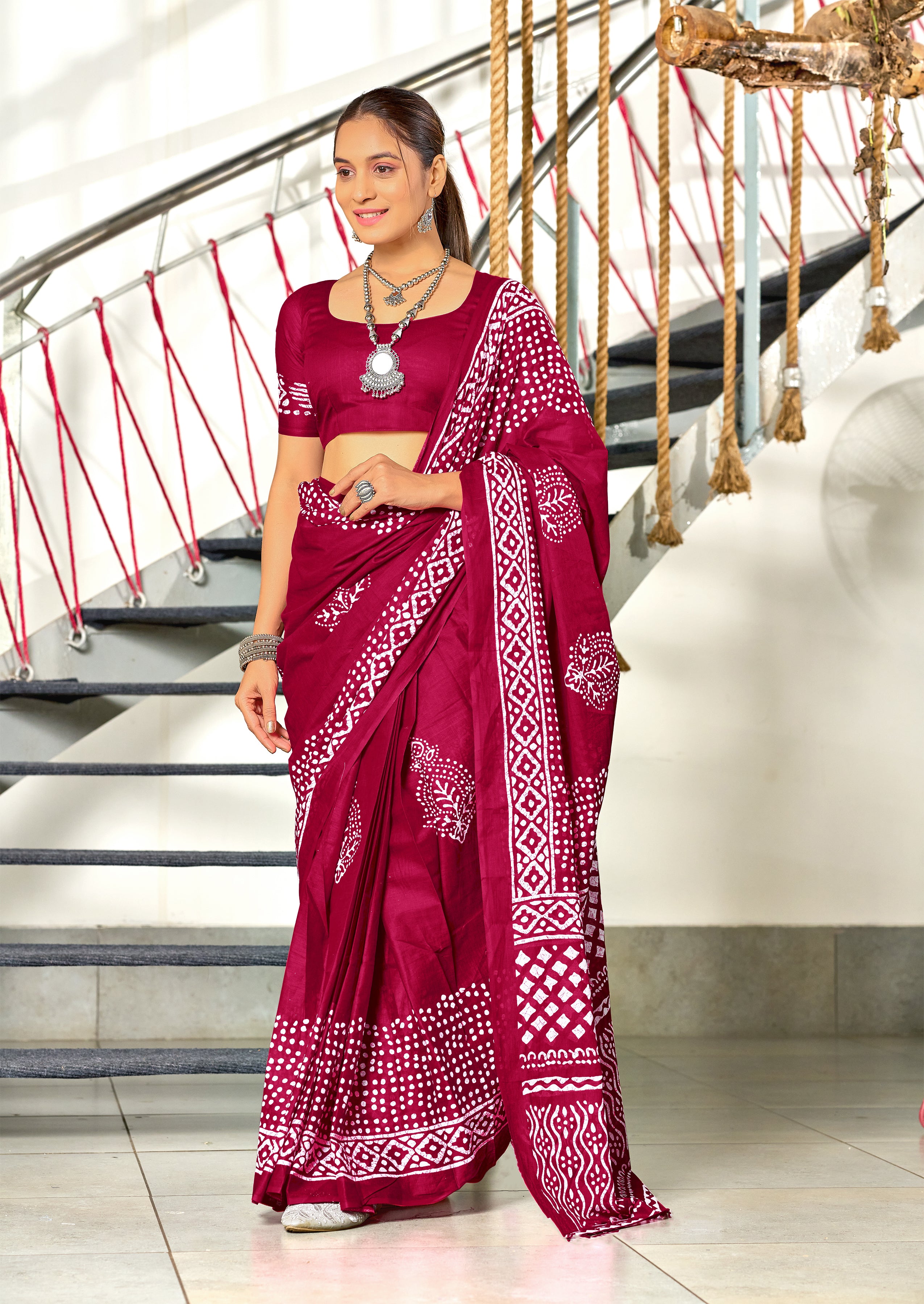BATIK SESSION MULMUL COTTON HAND BATIK BLOCK PRINT DARK PINK SAREE
