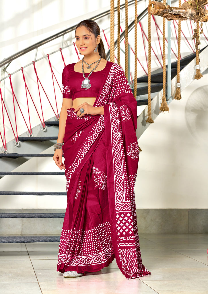 BATIK SESSION MULMUL COTTON HAND BATIK BLOCK PRINT DARK PINK SAREE