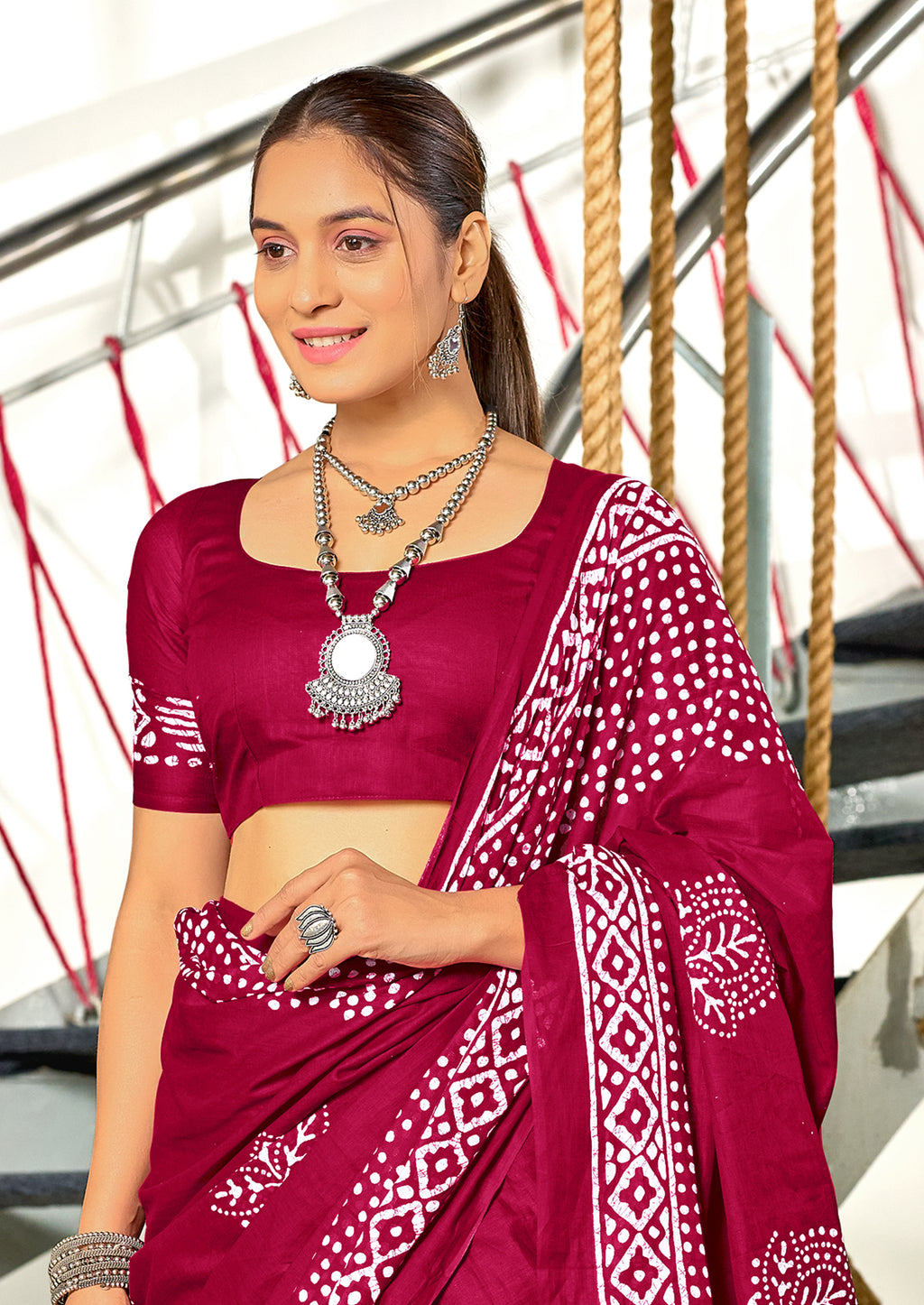 BATIK SESSION MULMUL COTTON HAND BATIK BLOCK PRINT DARK PINK SAREE