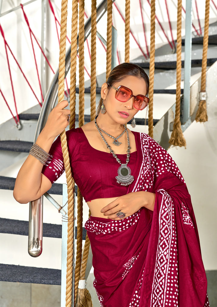 BATIK SESSION MULMUL COTTON HAND BATIK BLOCK PRINT DARK PINK SAREE