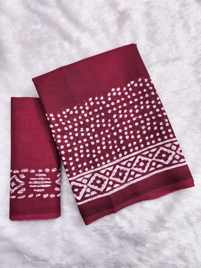 BATIK SESSION MULMUL COTTON HAND BATIK BLOCK PRINT DARK PINK SAREE