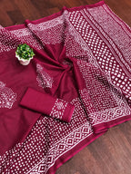BATIK SESSION MULMUL COTTON HAND BATIK BLOCK PRINT DARK PINK SAREE
