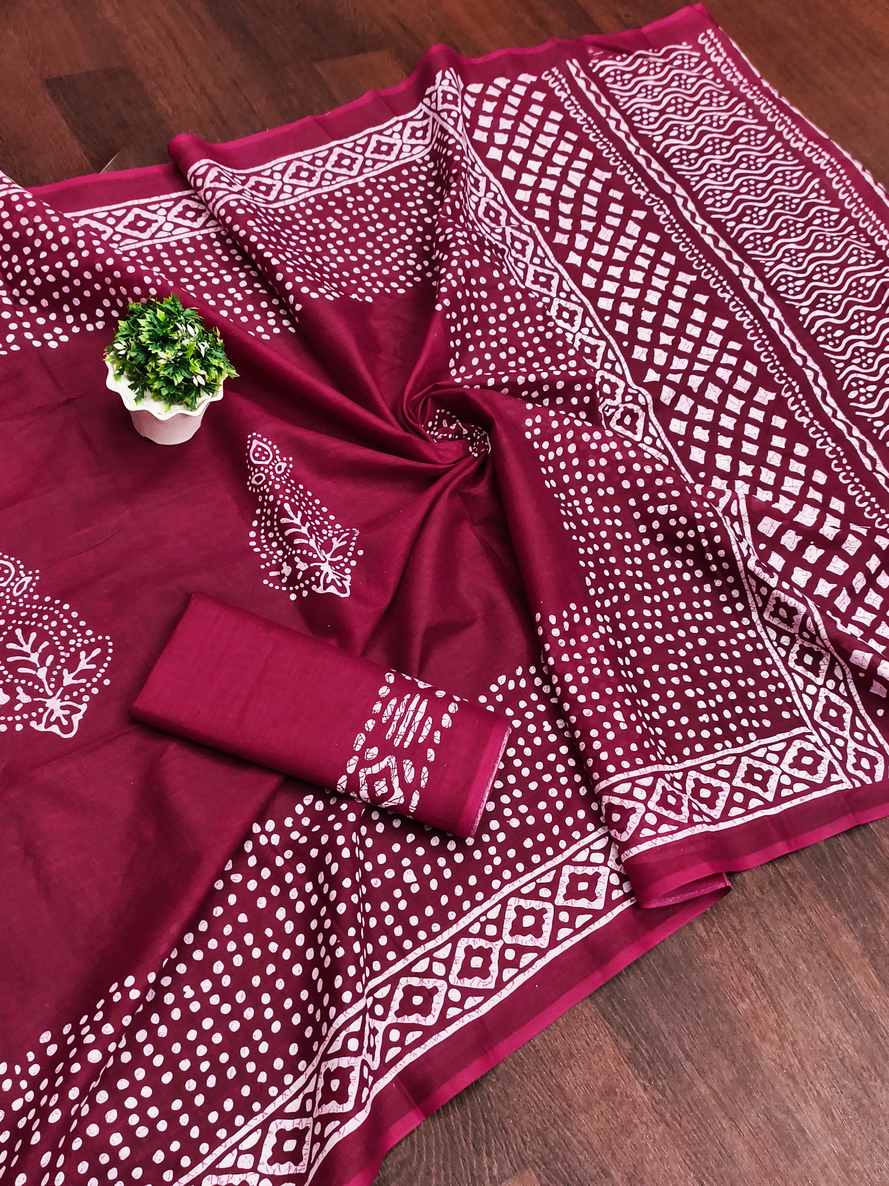 BATIK SESSION MULMUL COTTON HAND BATIK BLOCK PRINT DARK PINK SAREE