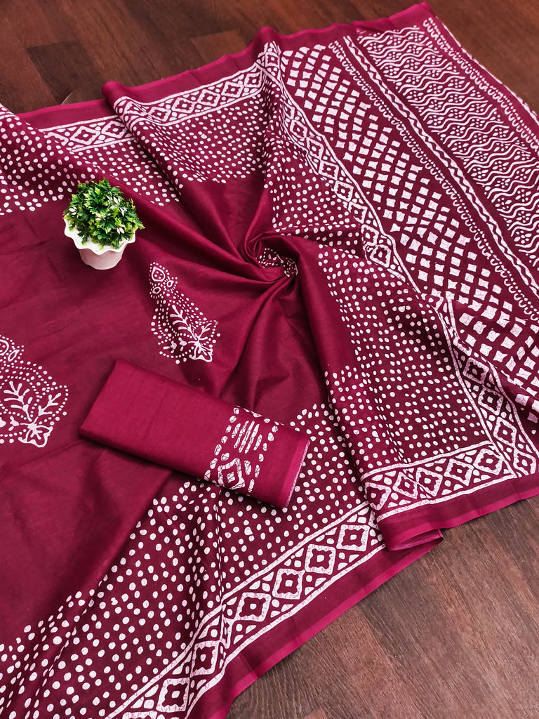 BATIK SESSION MULMUL COTTON HAND BATIK BLOCK PRINT DARK PINK SAREE