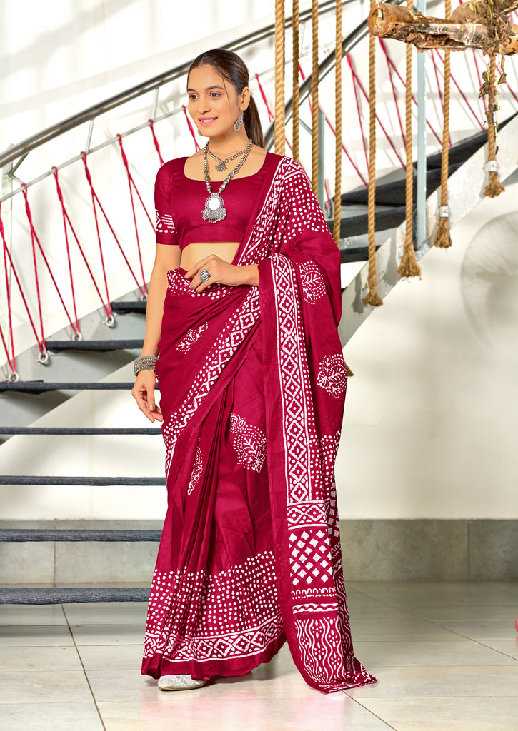 BATIK SESSION MULMUL COTTON HAND BATIK BLOCK PRINT PINK SAREE