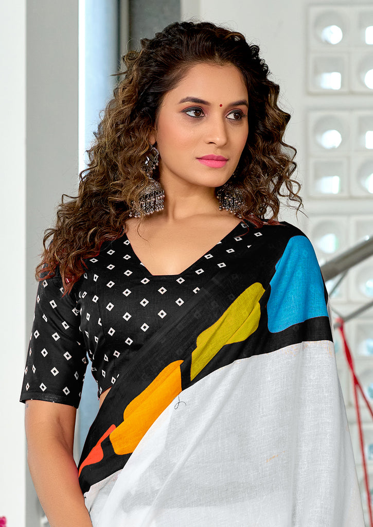 BELLA PURE COTTON FANCY BAGRU BLOCK PRINT WHITE AND BLACK SAREE