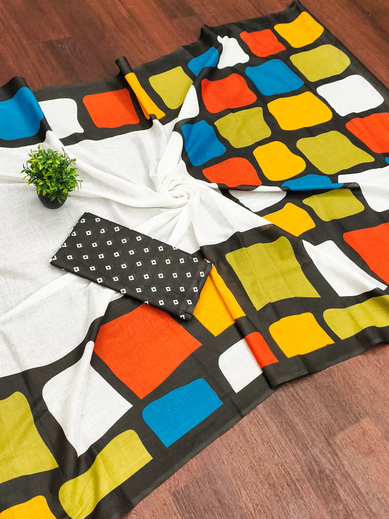 BELLA PURE COTTON FANCY BAGRU BLOCK PRINT WHITE AND BLACK SAREE