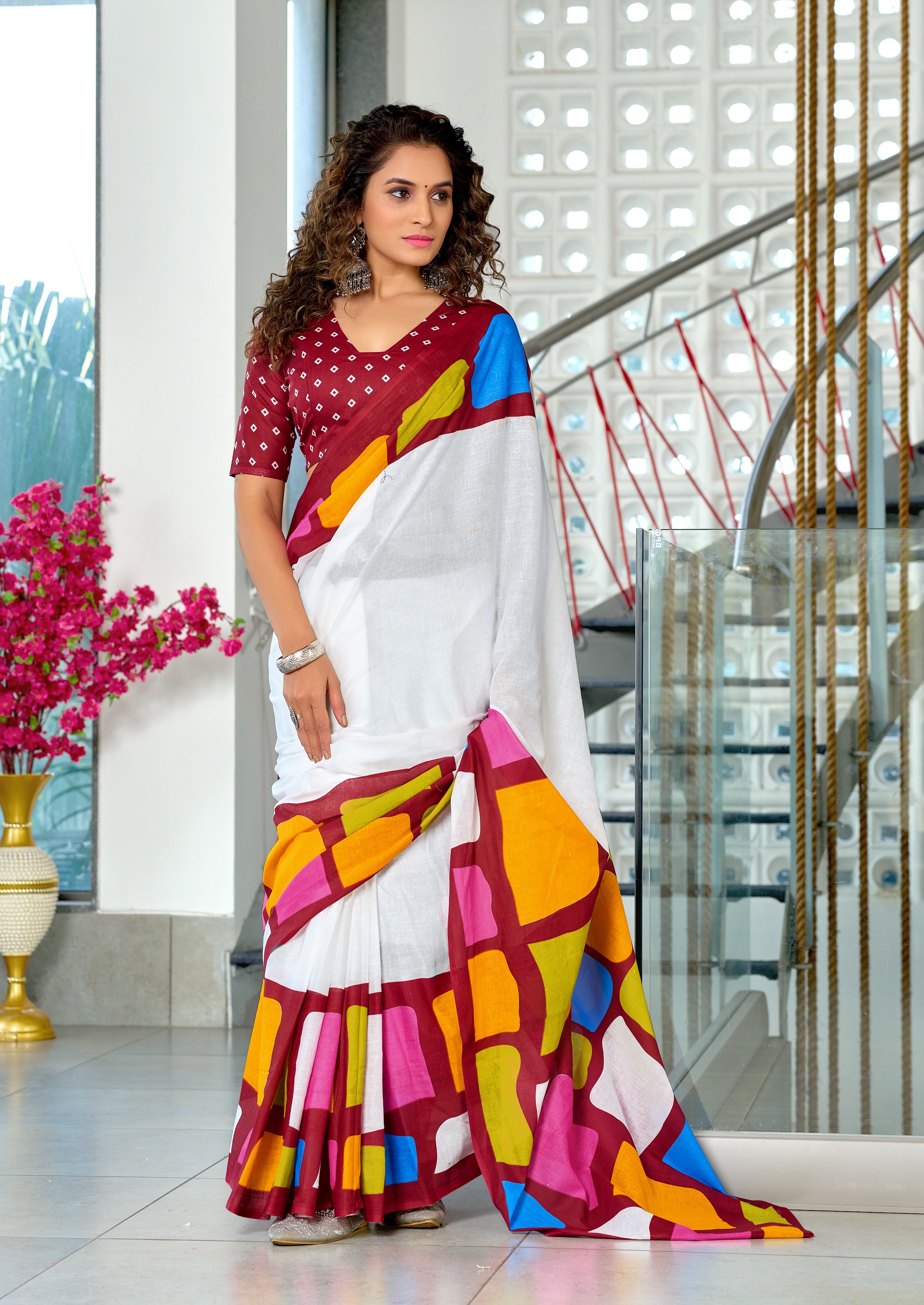 BELLA PURE COTTON FANCY BAGRU BLOCK PRINT WHITE AND MAROON SAREE