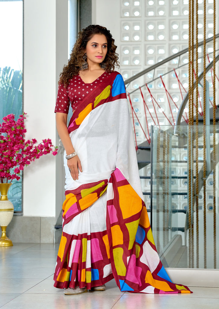 BELLA PURE COTTON FANCY BAGRU BLOCK PRINT WHITE AND MAROON SAREE