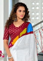 BELLA PURE COTTON FANCY BAGRU BLOCK PRINT WHITE AND MAROON SAREE