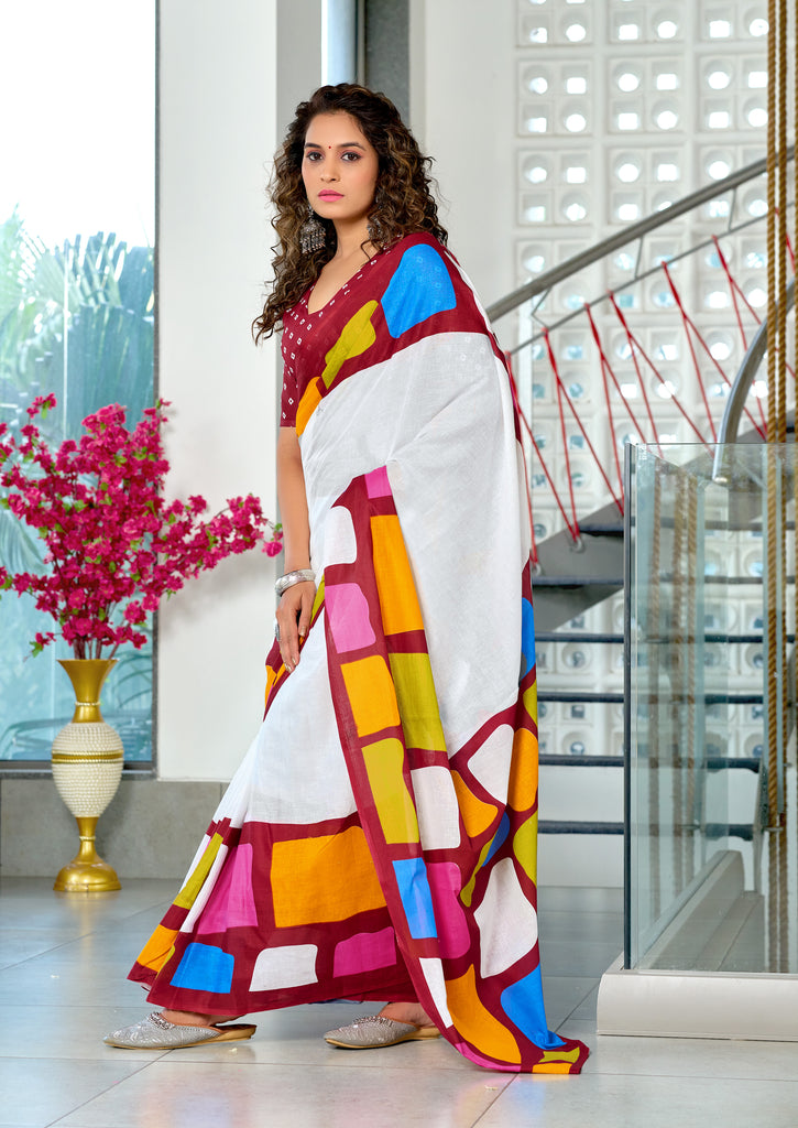 BELLA PURE COTTON FANCY BAGRU BLOCK PRINT WHITE AND MAROON SAREE