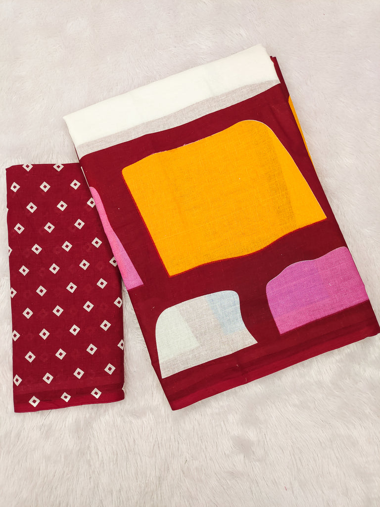 BELLA PURE COTTON FANCY BAGRU BLOCK PRINT WHITE AND MAROON SAREE