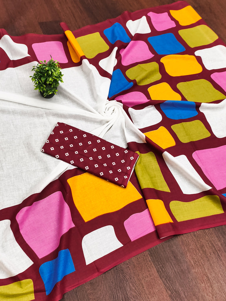 BELLA PURE COTTON FANCY BAGRU BLOCK PRINT WHITE AND MAROON SAREE