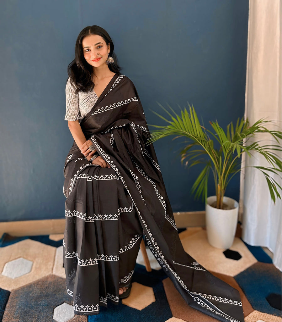 BLACK KRACKJACK PURE SOFT COTTON  FANCY BAGRU PRINT BLACK SAREE
