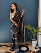 BLACK KRACKJACK PURE SOFT COTTON  FANCY BAGRU PRINT BLACK SAREE