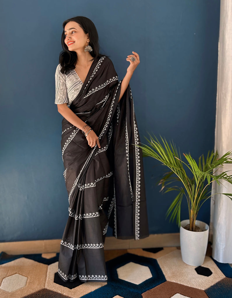 BLACK KRACKJACK PURE SOFT COTTON  FANCY BAGRU PRINT BLACK SAREE