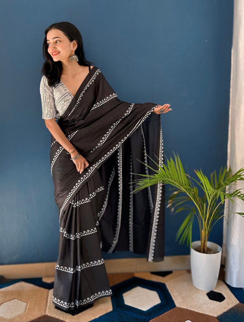 BLACK KRACKJACK PURE SOFT COTTON  FANCY BAGRU PRINT BLACK SAREE