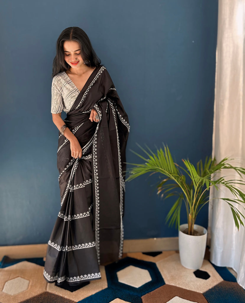 BLACK KRACKJACK PURE SOFT COTTON  FANCY BAGRU PRINT BLACK SAREE