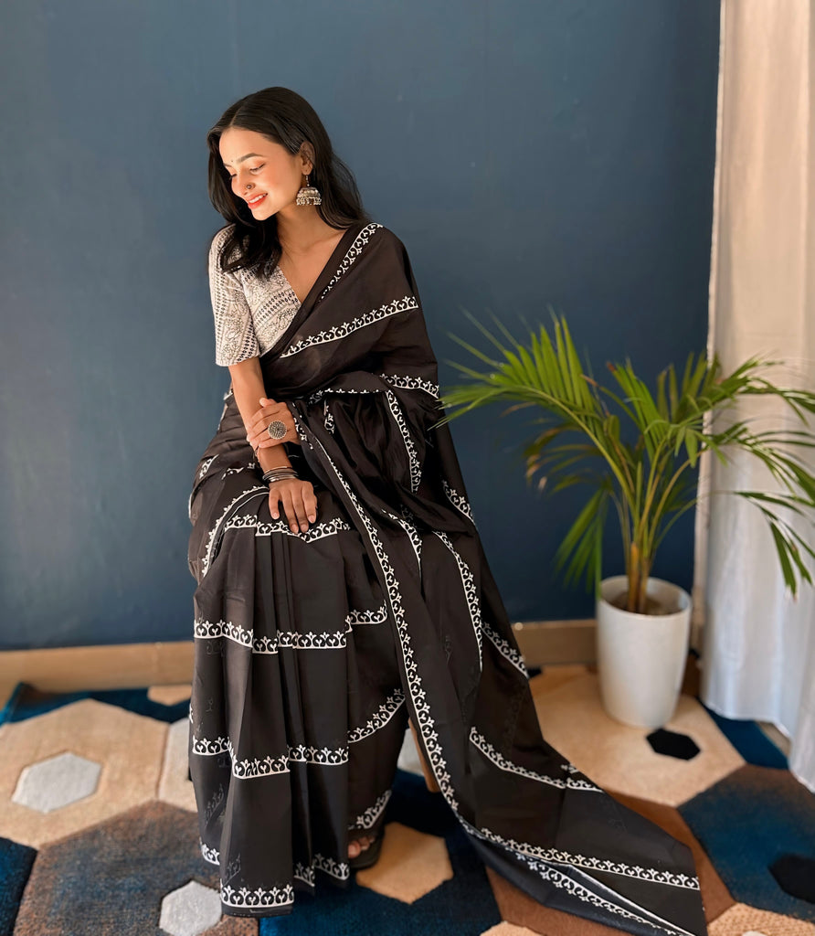 BLACK KRACKJACK PURE SOFT COTTON  FANCY BAGRU PRINT BLACK SAREE