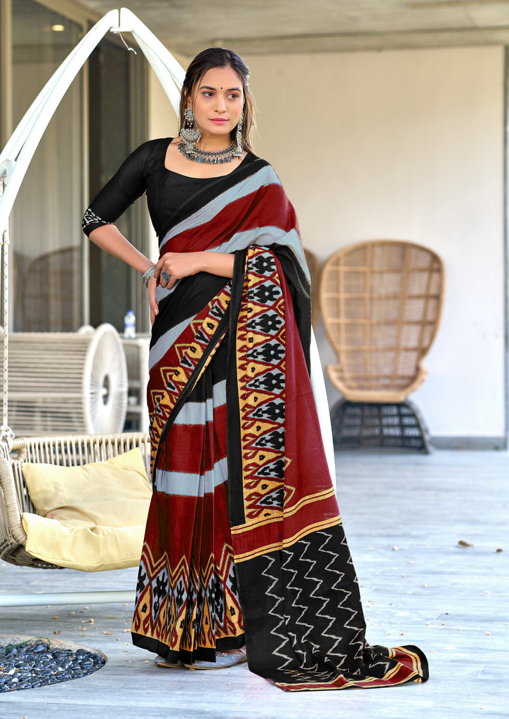 BLOOMING IKKAT HAND PRINT MULMUL COTTON BLACK SAREE