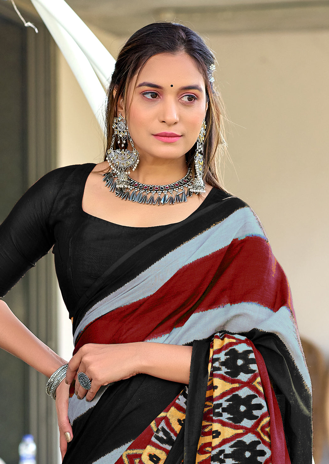 BLOOMING IKKAT HAND PRINT MULMUL COTTON BLACK SAREE