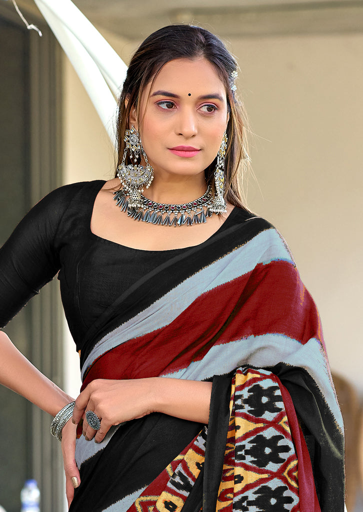 BLOOMING IKKAT HAND PRINT MULMUL COTTON BLACK SAREE