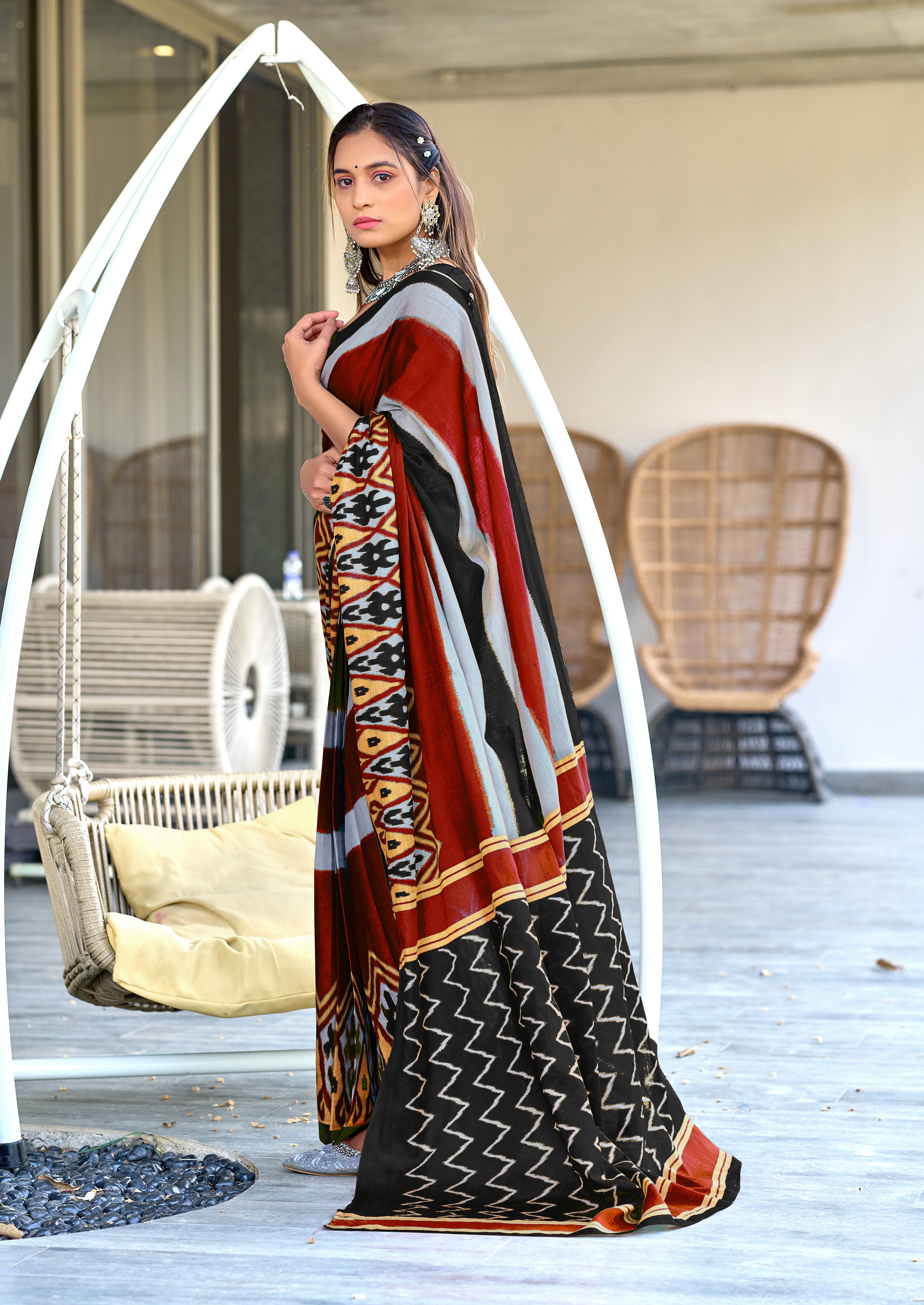 BLOOMING IKKAT HAND PRINT MULMUL COTTON BLACK SAREE