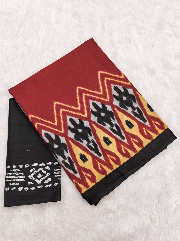 BLOOMING IKKAT HAND PRINT MULMUL COTTON BLACK SAREE