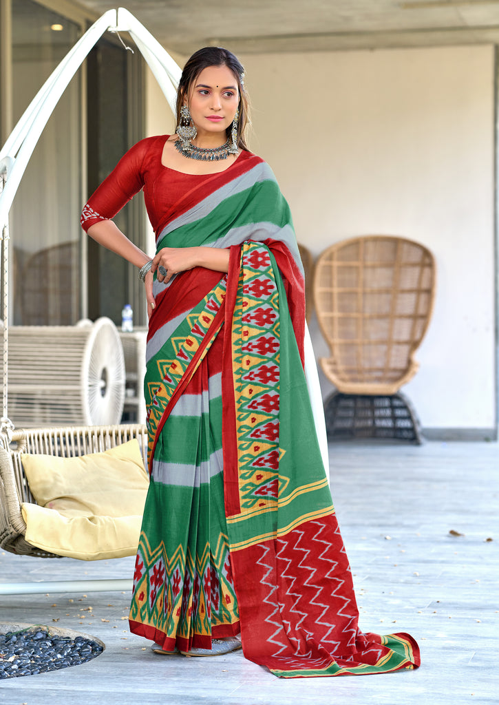 BLOOMING IKKAT HAND PRINT MULMUL COTTON GREEN SAREE