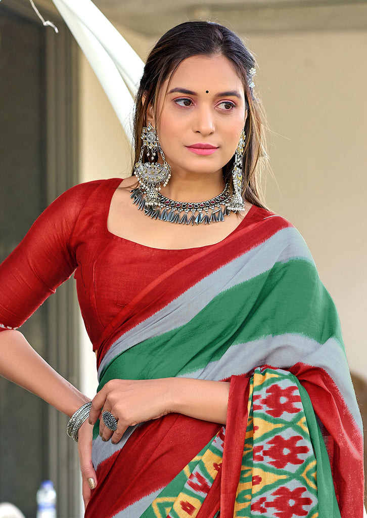 BLOOMING IKKAT HAND PRINT MULMUL COTTON GREEN SAREE