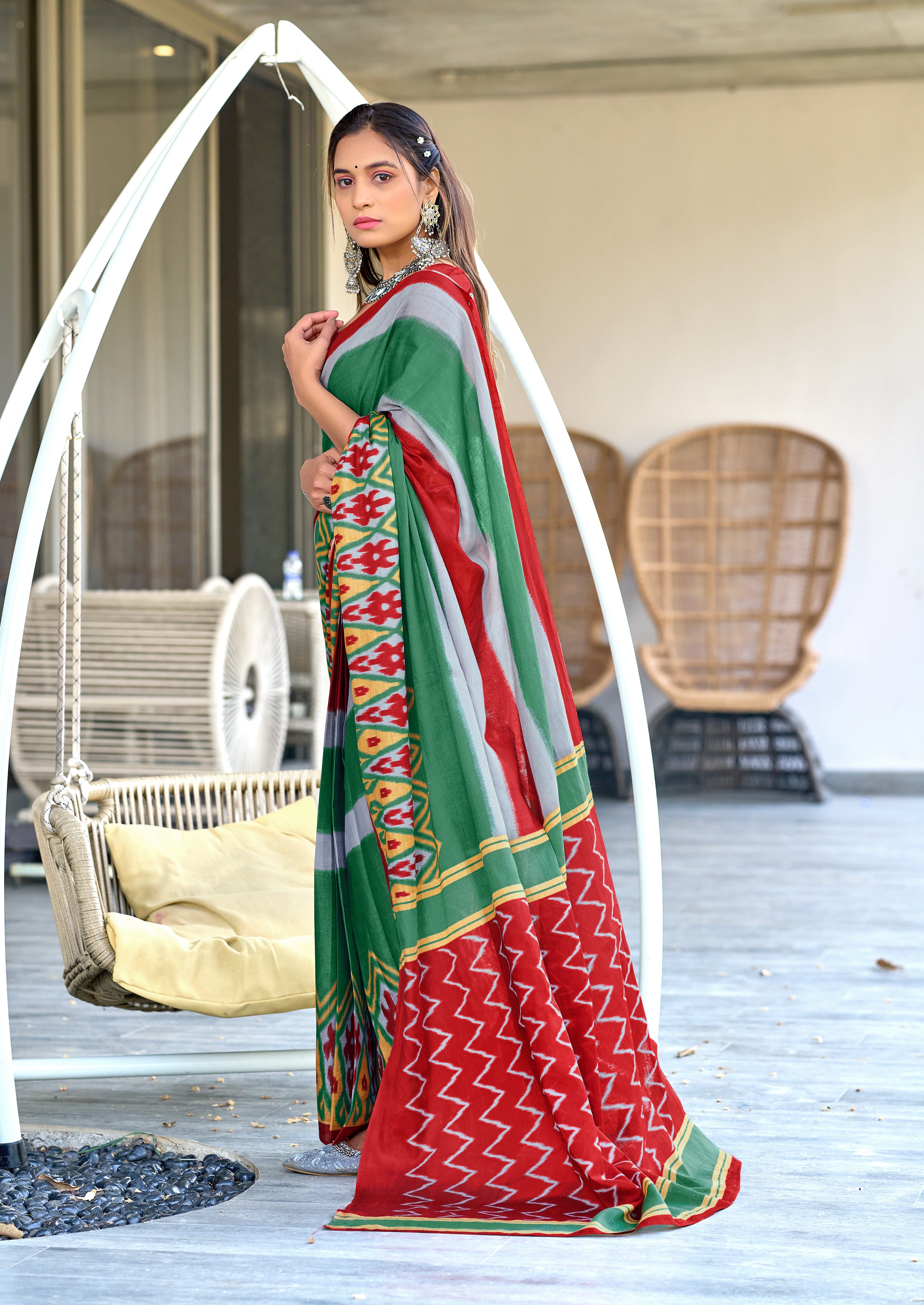 BLOOMING IKKAT HAND PRINT MULMUL COTTON GREEN SAREE