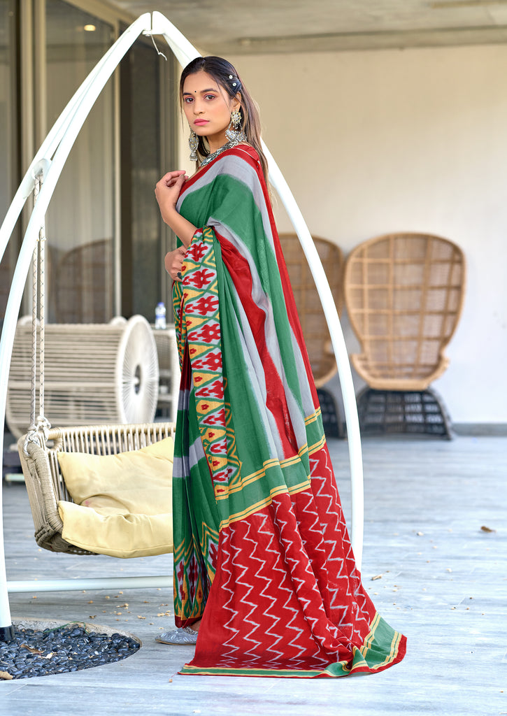 BLOOMING IKKAT HAND PRINT MULMUL COTTON GREEN SAREE
