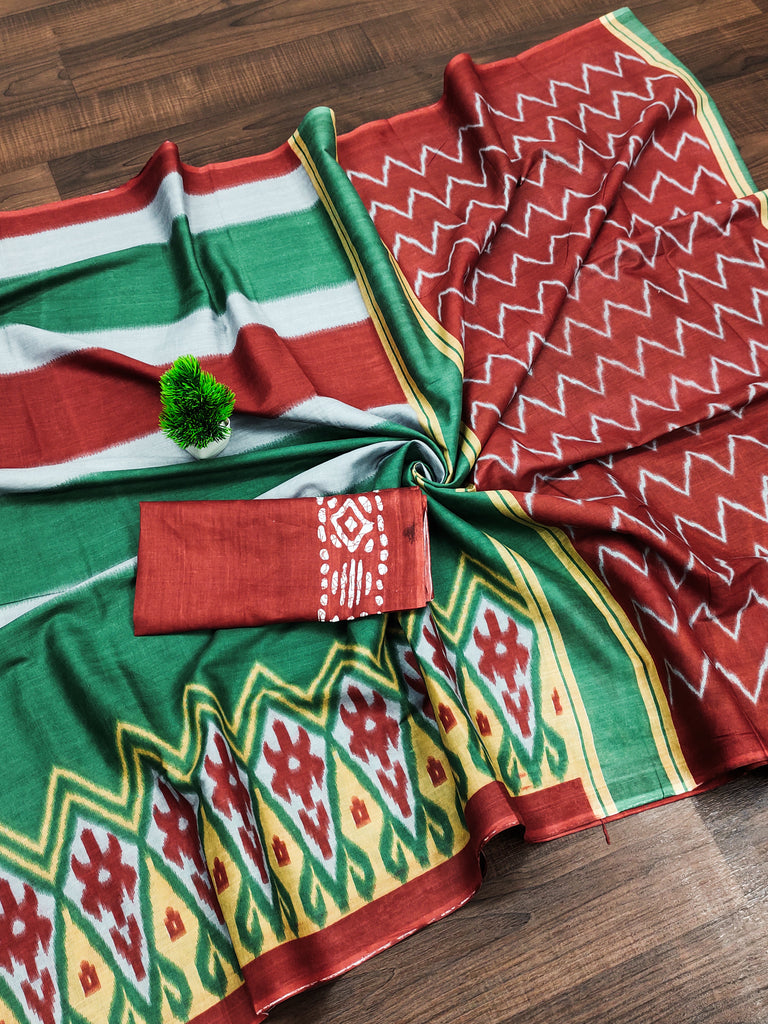 BLOOMING IKKAT HAND PRINT MULMUL COTTON GREEN SAREE