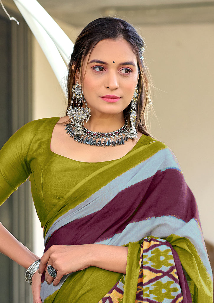 BLOOMING IKKAT HAND PRINT MULMUL COTTON MEHNDI GREEN SAREE