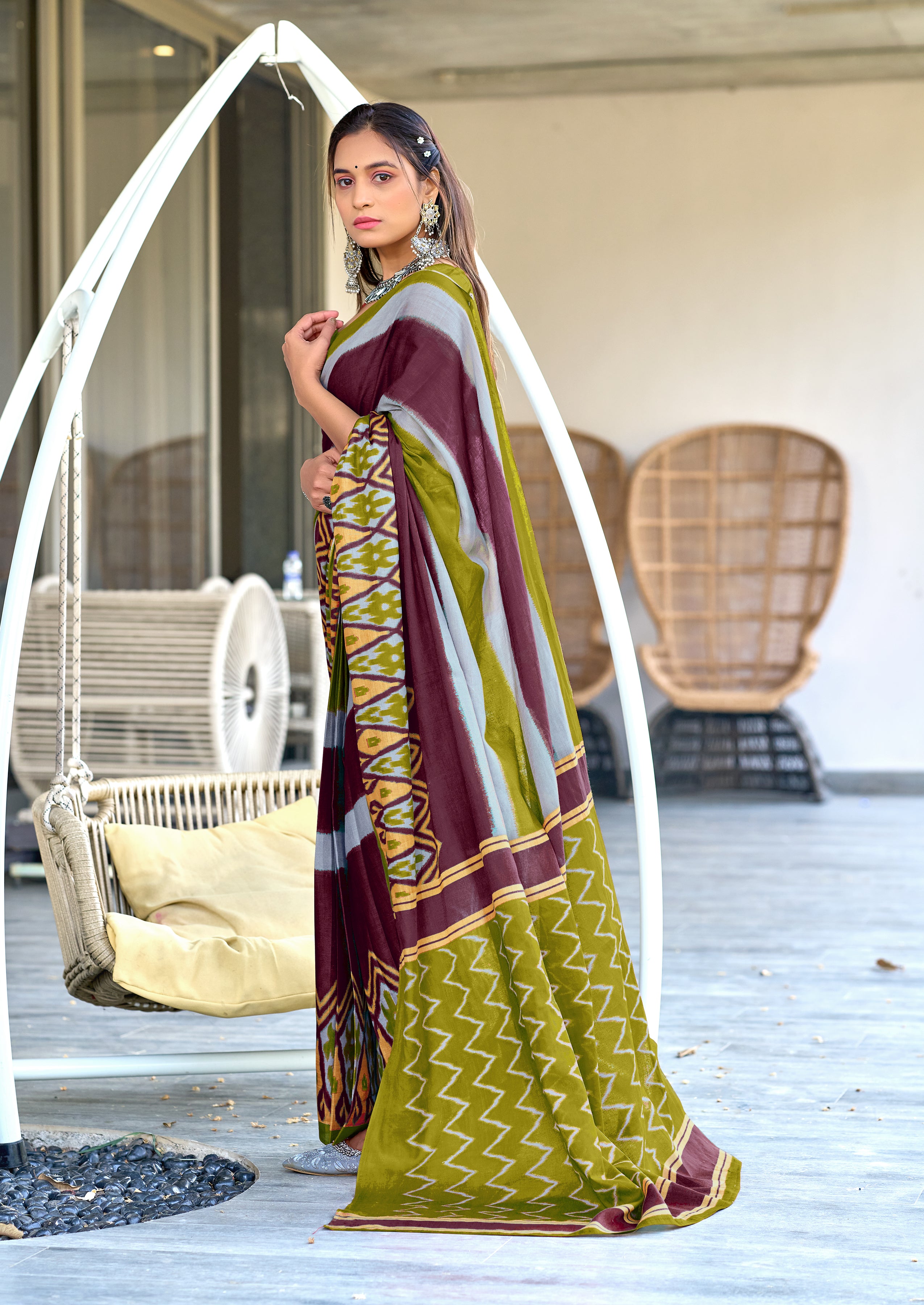 BLOOMING IKKAT HAND PRINT MULMUL COTTON MEHNDI GREEN SAREE